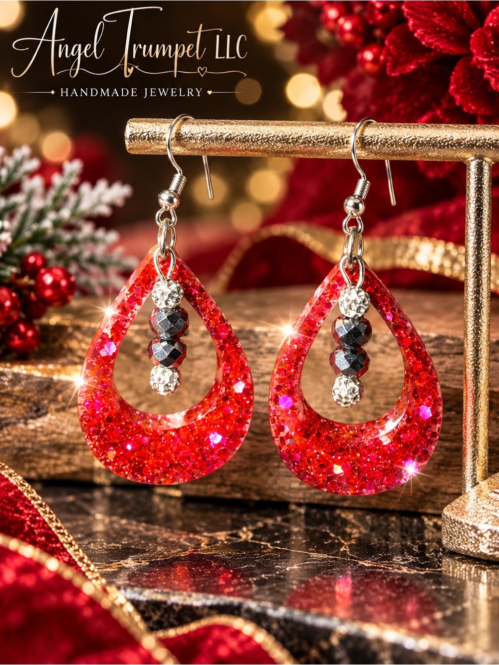 Handmade Ruby Red Glitter Resin Teardrop Earrings | Sparkling Holiday Jewelry - Picture 1 of 5